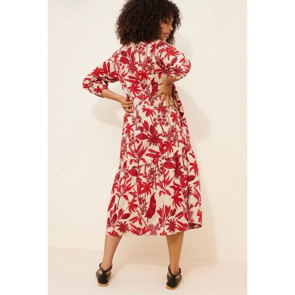 Maeve Medium Bettina Tiered Shirt Dress Red Tropical Floral Midi Boho Resort - Picture 5 of 11